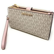Michael Kors Jet Set Travel Leather Logo Large Double Zip Wristlet Wallet (Vanilla/Powder Blush)