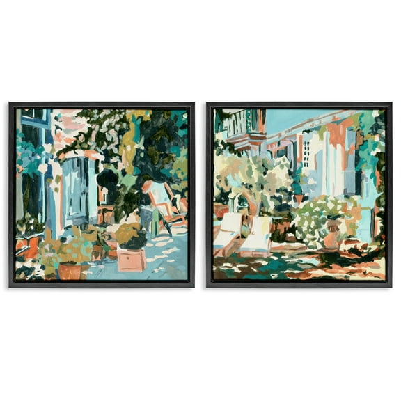Stupell Industries Plants on Town Buildings Scenic & Cityscapes Painting Black Floater Framed Canvas Art Print Wall Art, 18 x 18, Set of 2
