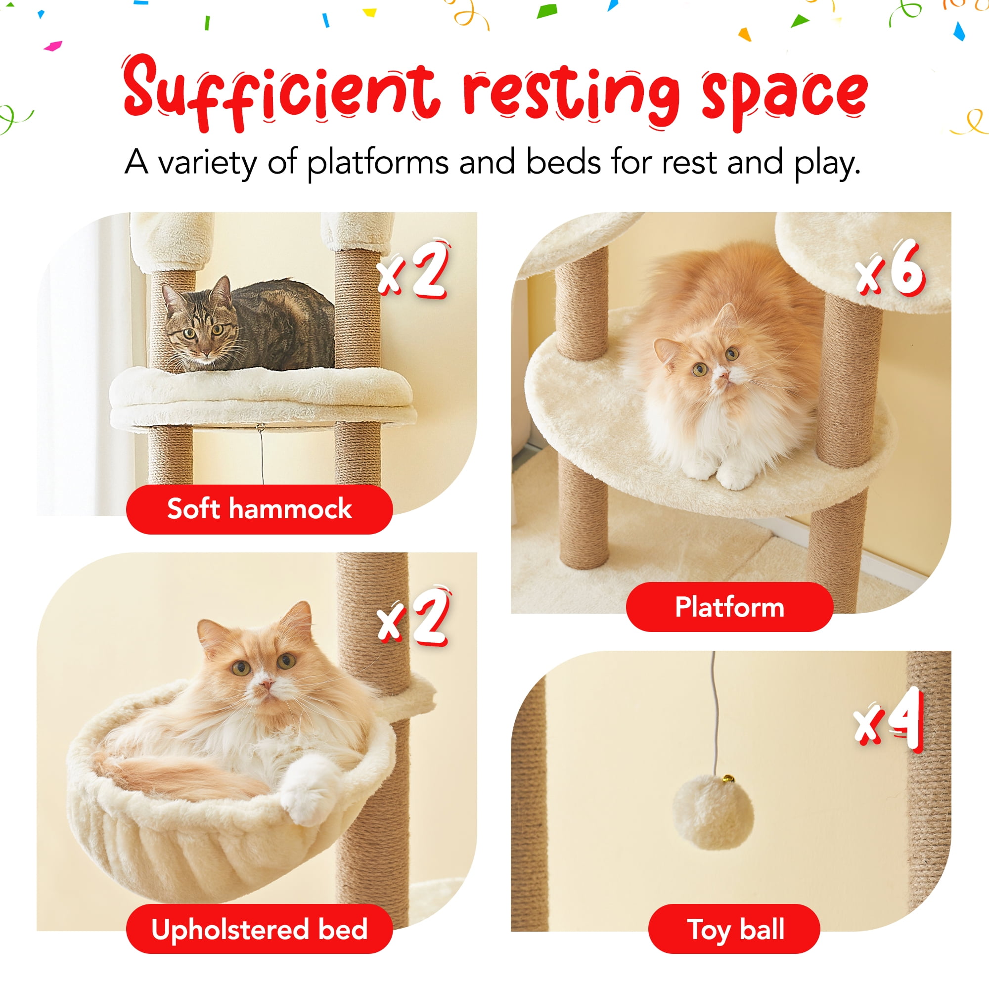 Floor to Ceiling Cat Tree, Tall Cat Tower Adjustable Height (88”-114”=223-290CM), 6-Tier Cat Climbing Tower with 18 Fully Sisal Scratching Posts,Beige