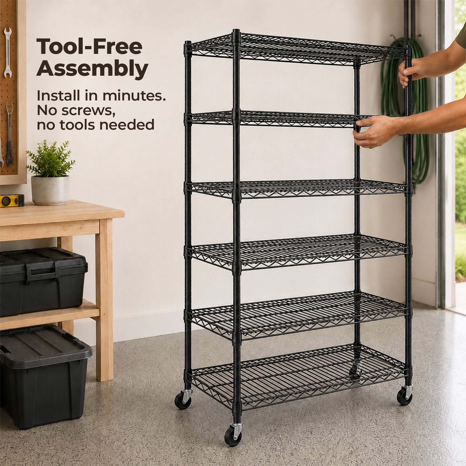 Alvantor 3/4/5 Tier Heavy Duty Adjustable Metal Shelf with Wheels, No-Tool Assembly, Suitable for Garages, Kitchens, Storage Rooms, Laundry Rooms and Offices