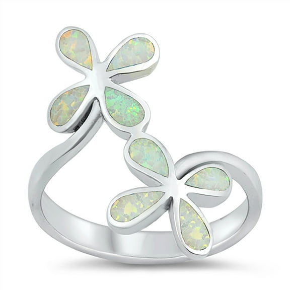 White Simulated Opal Twin Overlap Flower Ring Sterling Silver Size 9