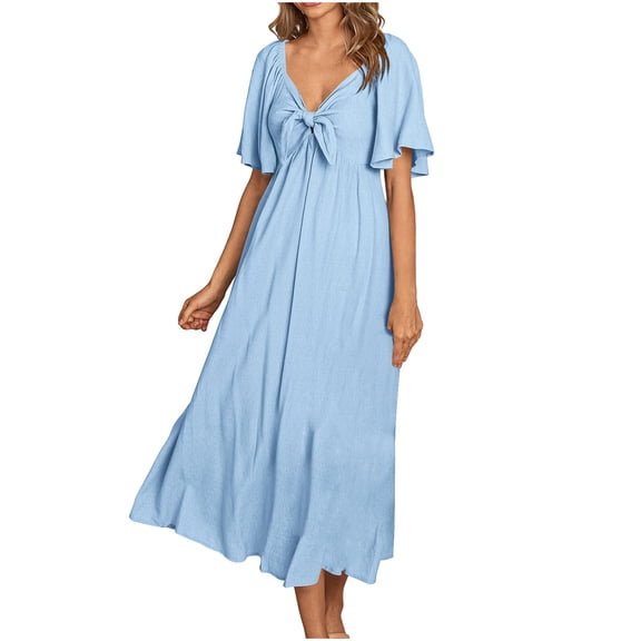 BangWanChi Summer Dresses for Women Women Fashion Summer V-Neck Short Sleeve Solid Waist Dresses