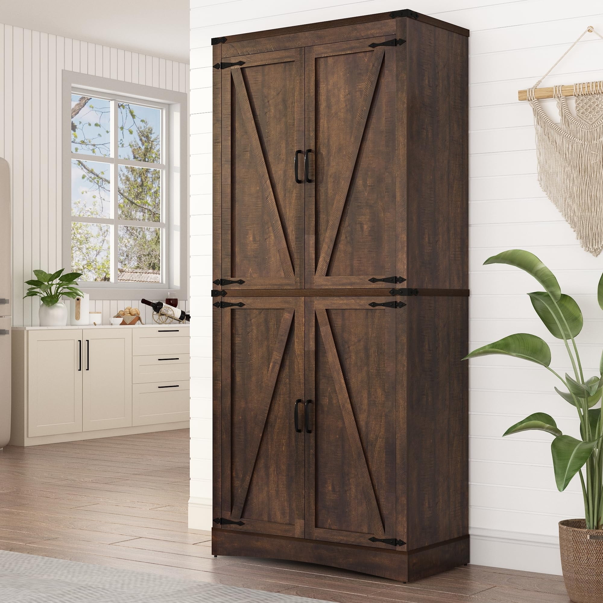 ChVans 71" Tall Farmhouse Kitchen Pantry Storage Cabinet, 5 Layers Freestanding Cupboard with Adjustable Shelves & Load-Bearing Steel Pipe & 4 Barn Doors for Kitchen, Dining Room, Living Room, Brown