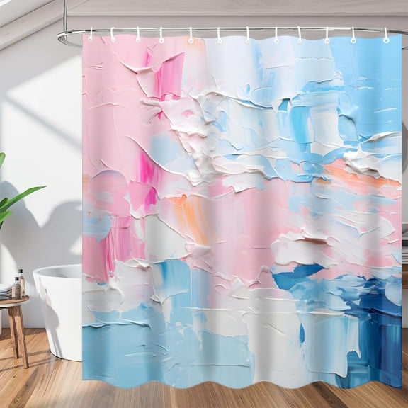 Blue Pink Oil Painting Graffiti Shower Curtain, Waterproof Fabric Shower Curtain, Washable Polyester Bath Curtain for Bathroom 36"W X 72"H