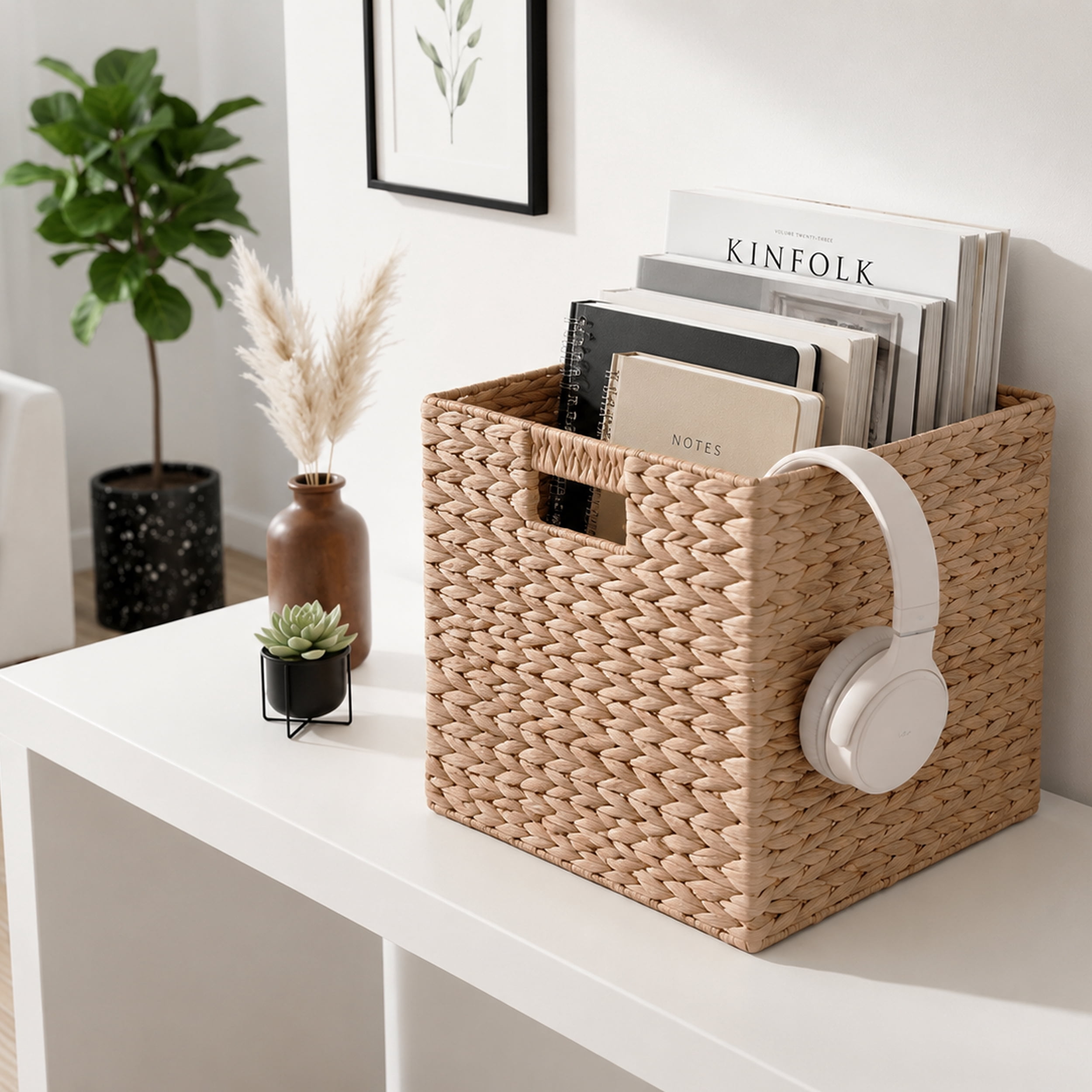 Leumius Water Hyacinth Folding Storage Baskets Set of 2,12.6" x 12.6" x 12.6", Handwoven Cube Baskets with Cutout Handles – Shelf Organizer, Toy Storage, Closet Storage