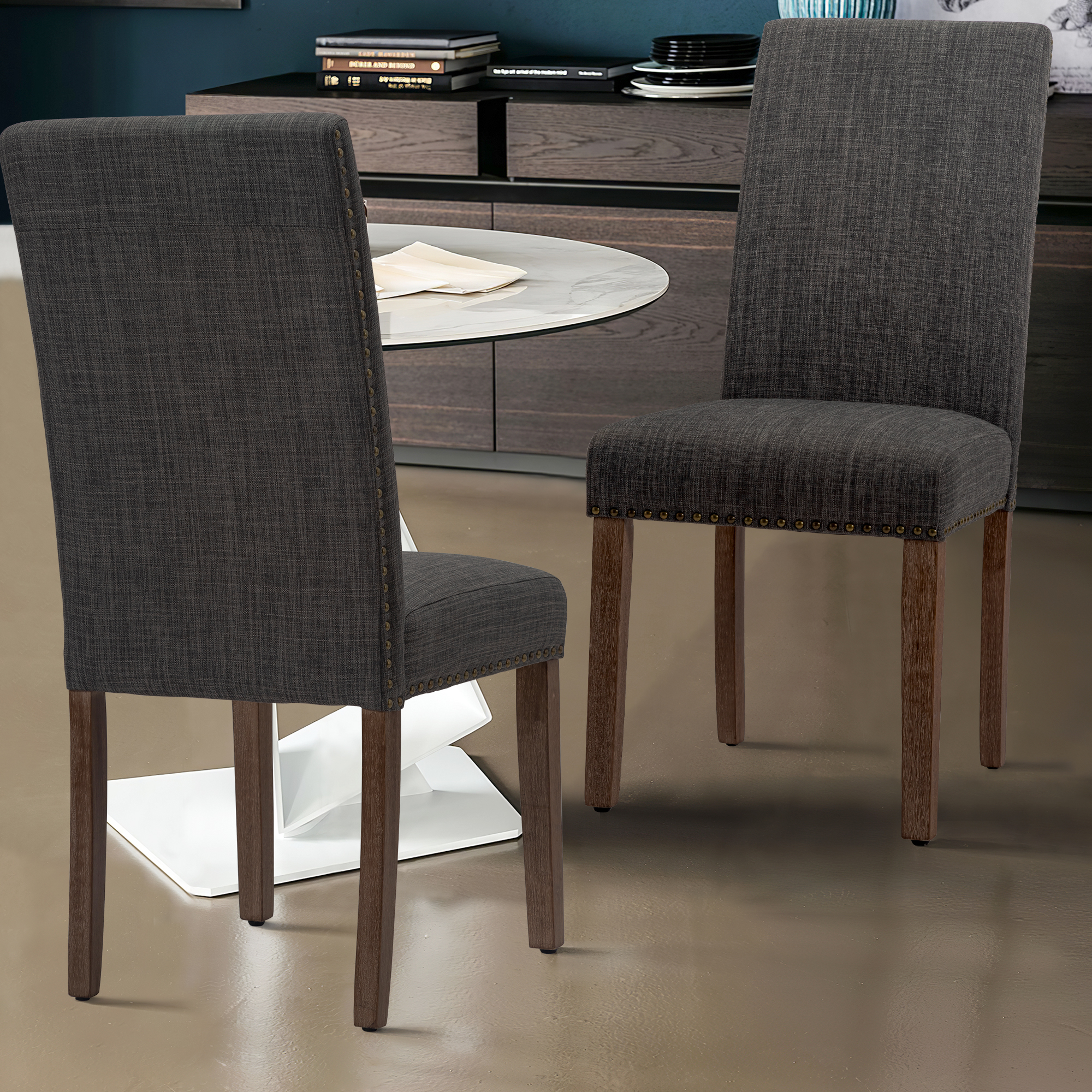 Dining Chairs Modern Upholstered Set of 2 Fabric Dining Chairs with Wood Legs Gray