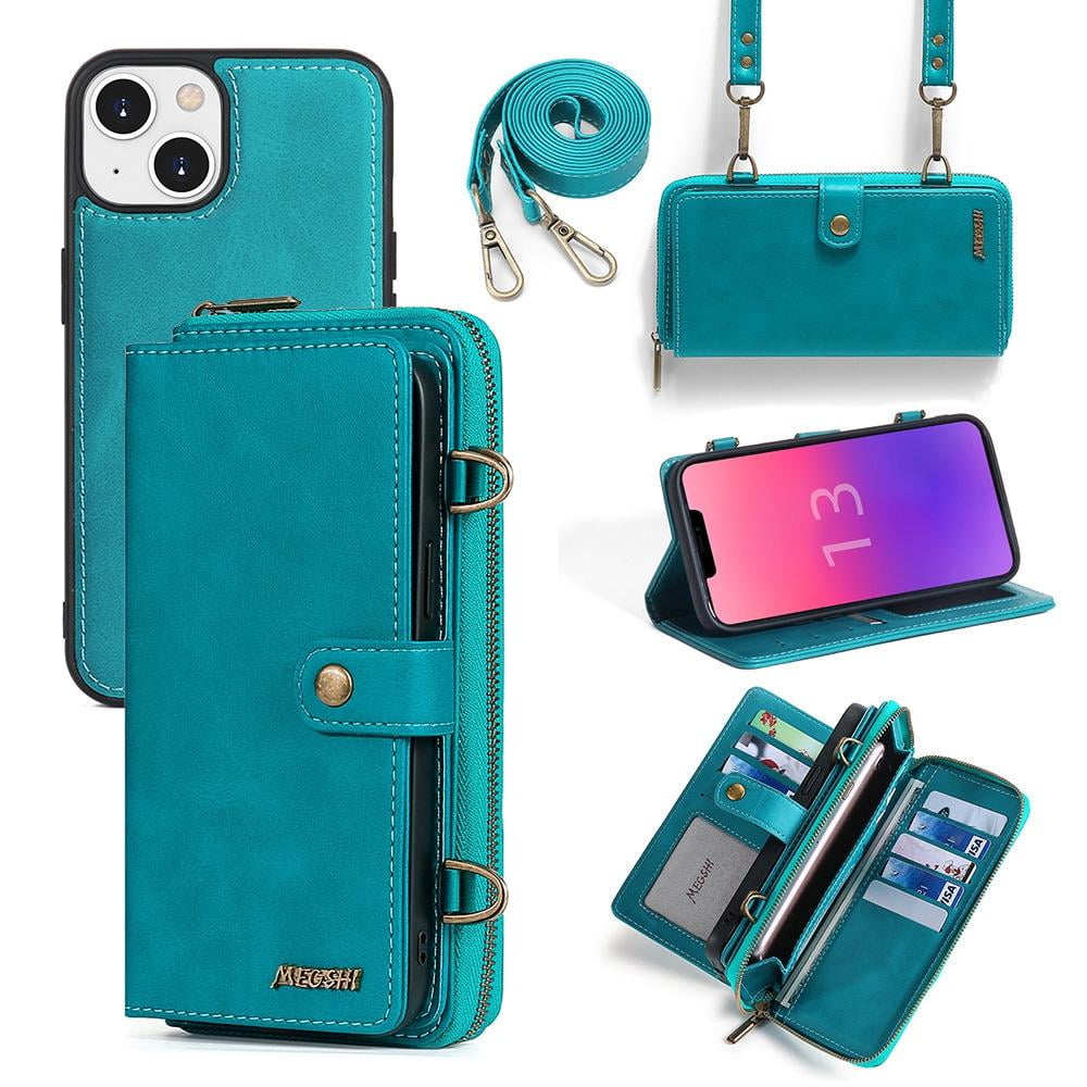Apple iPhone 13 pro leather cover case holder wallet cover cell phone smartphone credit business cards pocket slots book cover rubber rope