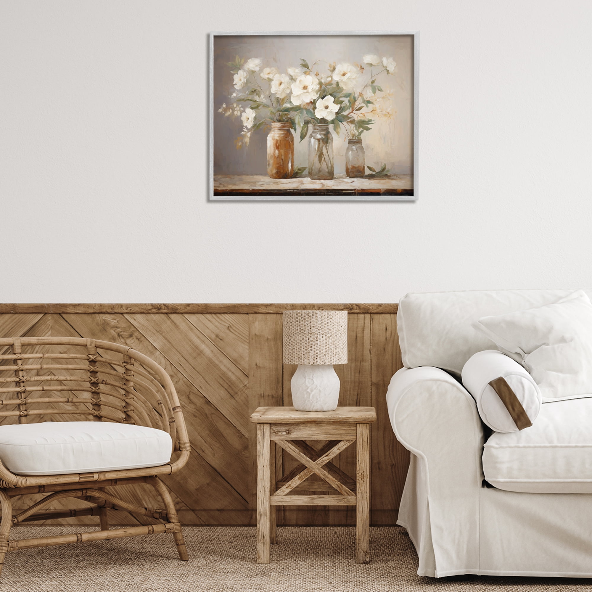 Stupell Industries Country Magnolia Jars Botanical & Floral Painting Gray Framed Art Print Wall Art, 30 x 24