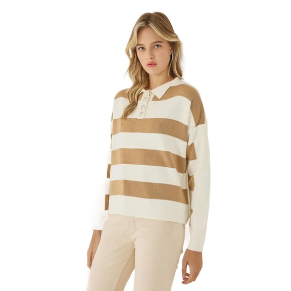 Striped Knitwear Sweater with Button Collar