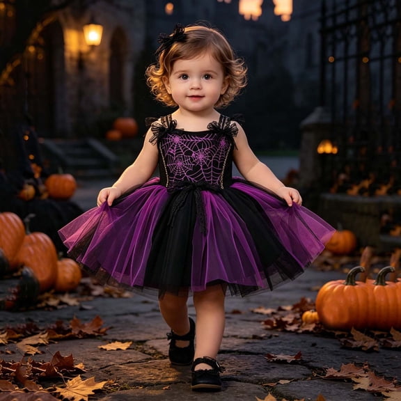 BRGZLK Baby Girl Halloween Dress Toddler Witch Dress Spider Web Print Sleeveless Lace Bowknot Square Neck Tulle Tutu Dresses for Cosplay,Festival Gifts Purple 2-3 Years