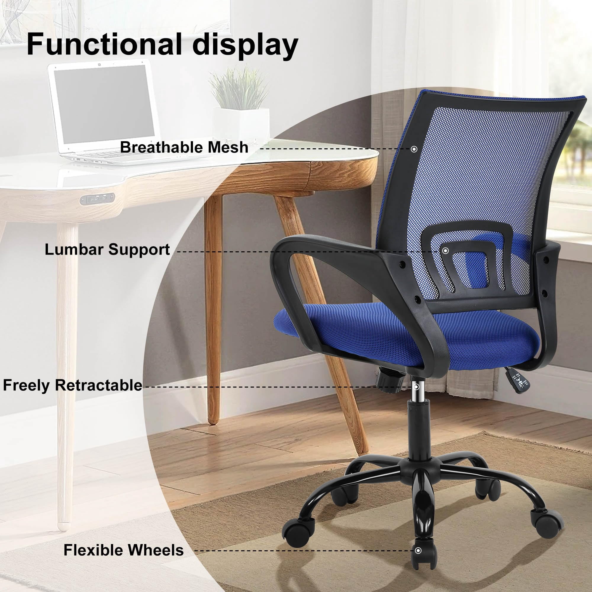CL.HPAHKL Ergonomic Desk Chair, Mid-Back Mesh Office Chair with Wheels, Rolling Swivel Computer Task Chair for Home Office, Fixed Armrests, Tilt & Height Adjustable, Blue