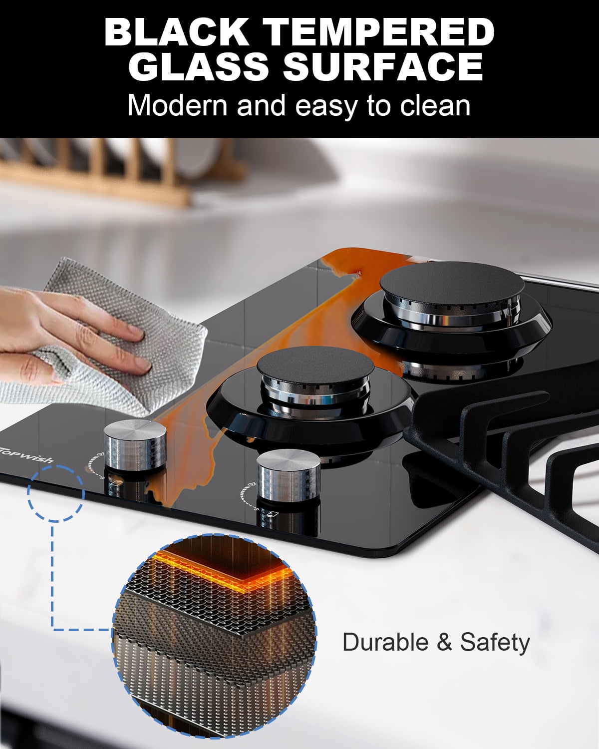 TOPWISH 12" 2-Burner Built-In Gas Cooktop, Black Tempered Glass, 18,000 BTU, NG/LP Convertible, Flame-Out Protection