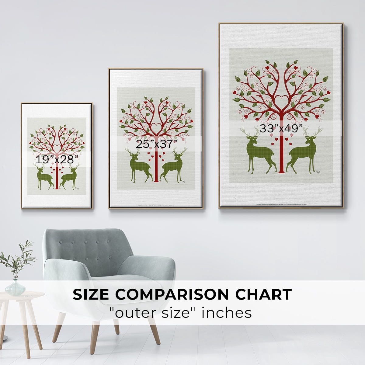 Christmas Des - Deer and Heart Tree, On Cream - Framed Gallery Wrapped Holiday Canvas - 27 x 41 - Natural Wood Frame