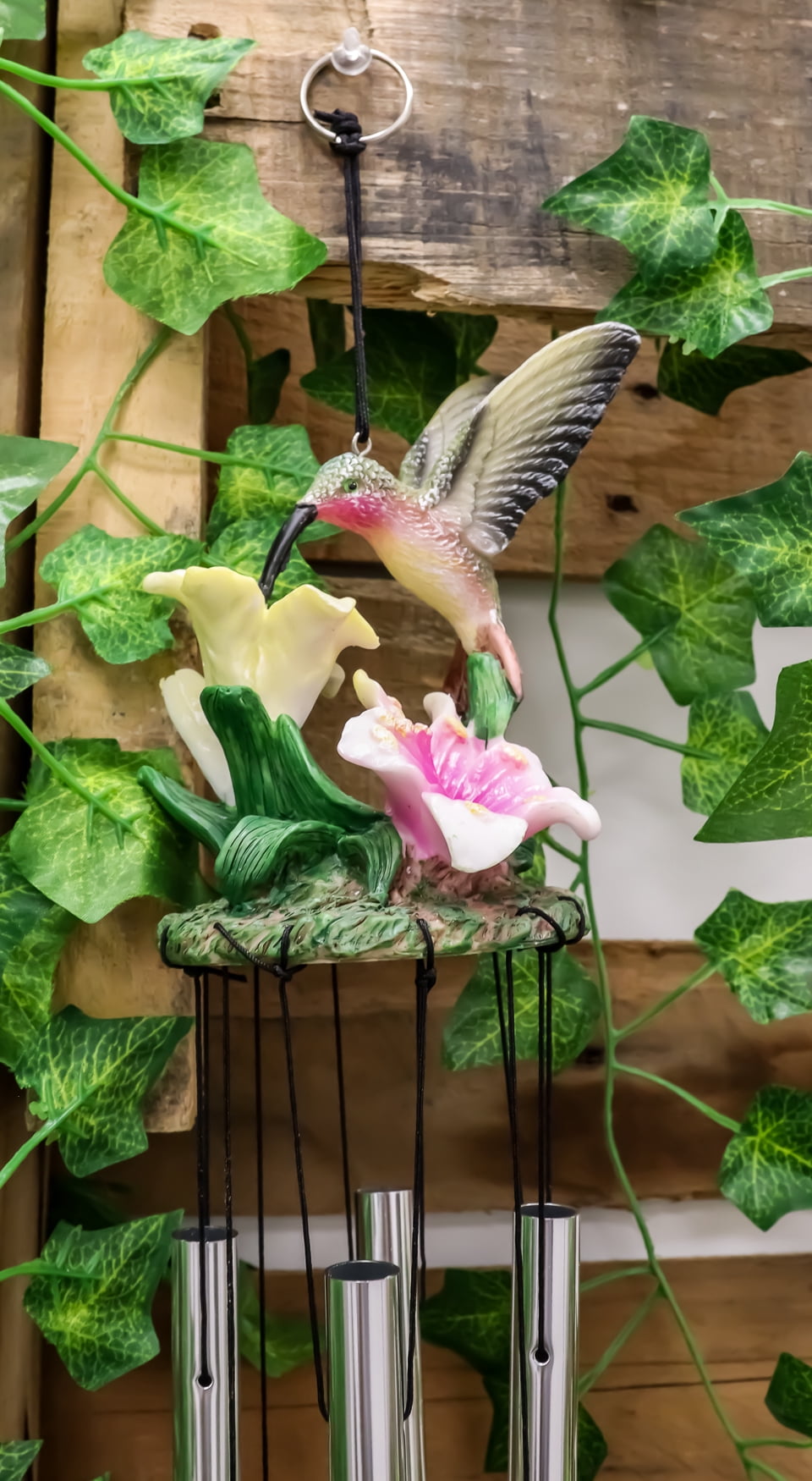 Ebros Beautiful Hummingbird with Nectarine Lily Flowers Wind Chime 21" L