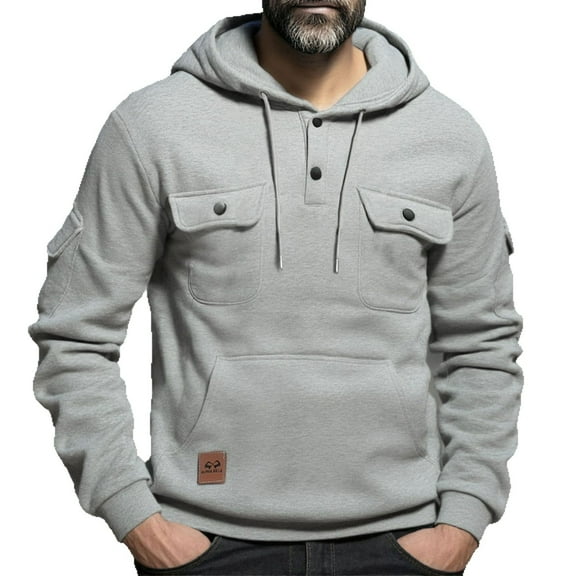 Fnnxeal Mens Hoodies Sweatshirts, Outdoor Big and Tall Shirts Long Sleeve Shirt with Pockets Fall Winter Casual Gray Blouse for Men Size M