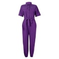 thumbnail image 4 of Jacenvly Summer Trendy Women Fashion Solid Color Casual Lapel Belt Short Sleeve Overalls Lapels Comfortable Two Piece Outfits Women Plus Size Purple, 4 of 4