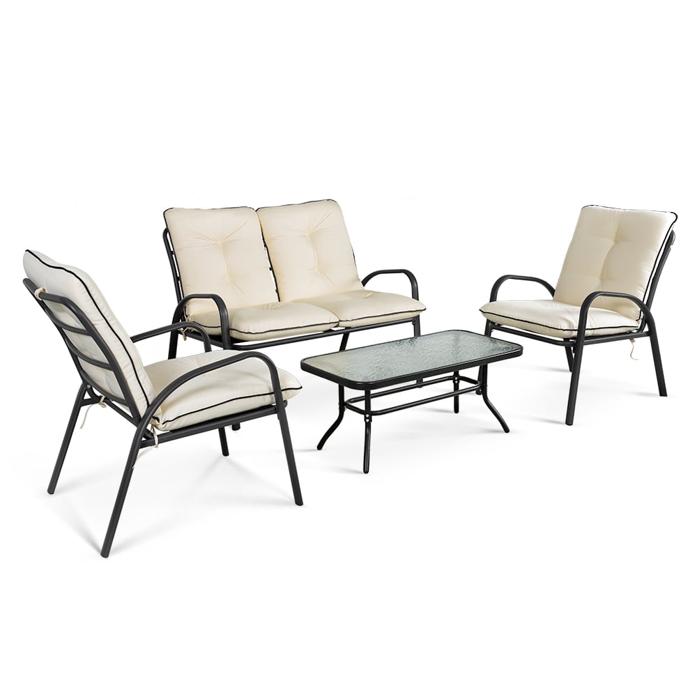iKayaa Fashion 4 Pieces Cushioned Patio Garden Furniture Sofa Set Tea