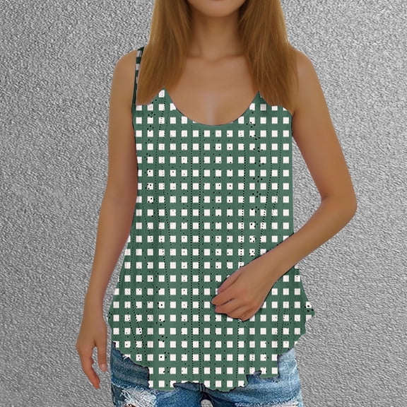 QUINDOS Womens Tops Ribbed Green Summer Casual Fashion Printed Loose Round Neck Sleeveless Womens Tank Tops