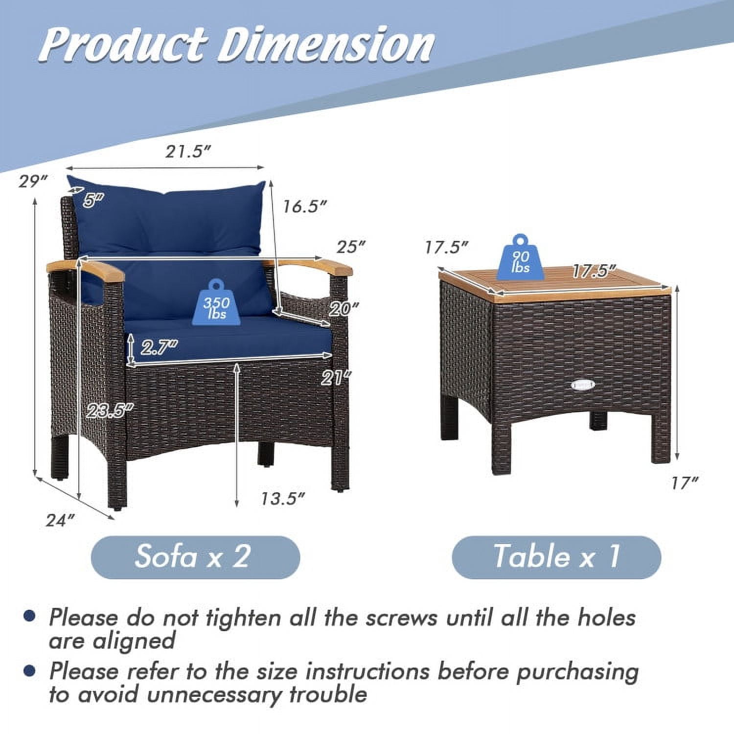 Aimee Lii 3 Pieces Patio Wicker Conversation Set, Outdoor Sectional Set with with Removable Cushion, Navy Aimee Lii 3 Pieces Patio Wicker Conversation Set, Outdoor Sectional Set with with Removable Cushion, Navy