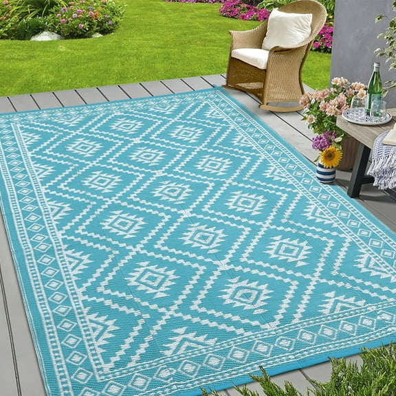 GlowSol 8x10 Outdoor Rug for Picnic Beach Deck-Outdoor Waterproof Patio Rug Indoor Outdoor Boho Geometric Area Rug Reversible Rug, Light Blue/White
