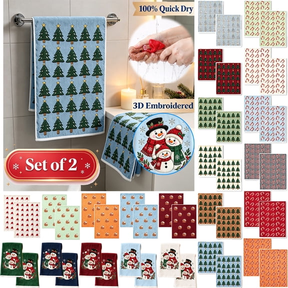 Christmas Hand Towels for Bathroom Set of 2, 100% Quick Dry, 3D Embroidered, 15.7"x23.6", Blue