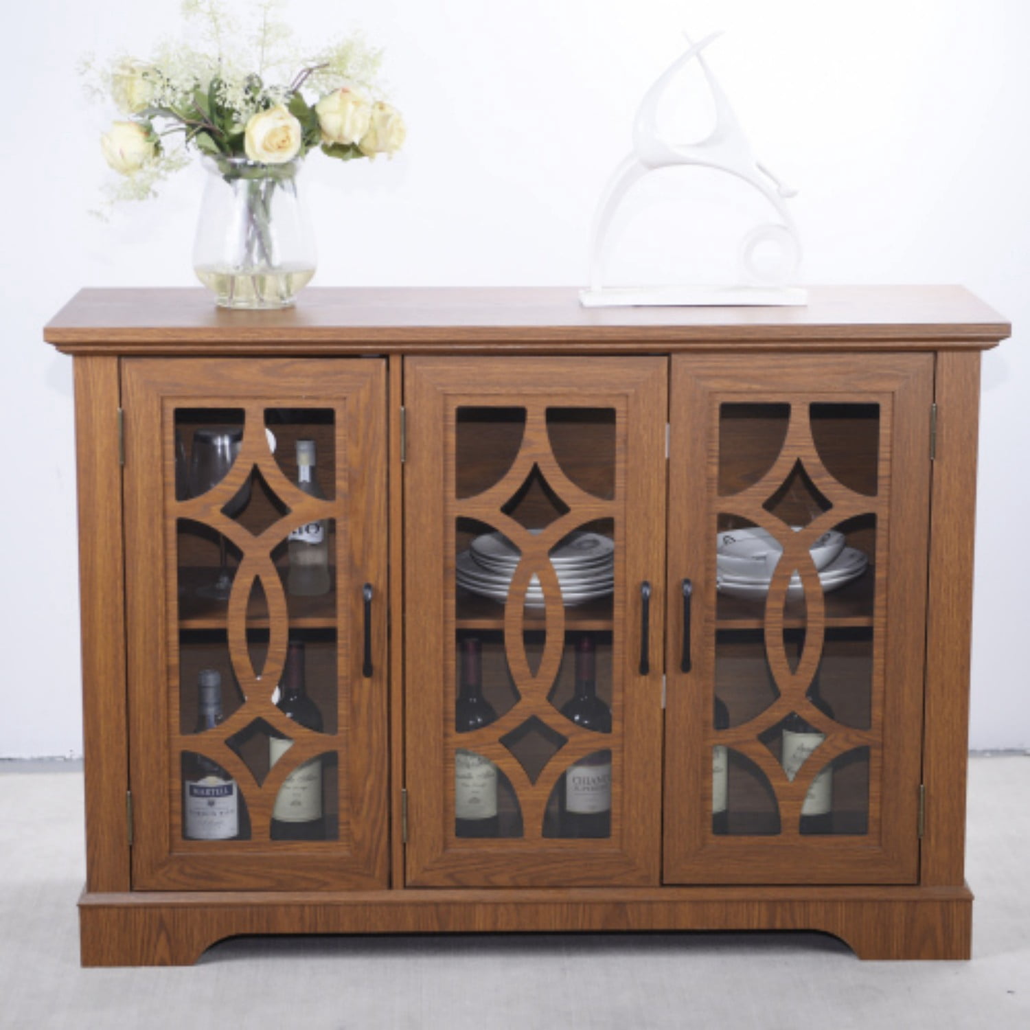 48.66" 3-Door Glass Sideboard Buffet Cabinet, MDF Storage Credenza with Adjustable Shelf, Tempered Glass Display Cabinet for Dining Room Kitchen Living Room, Dark Oak