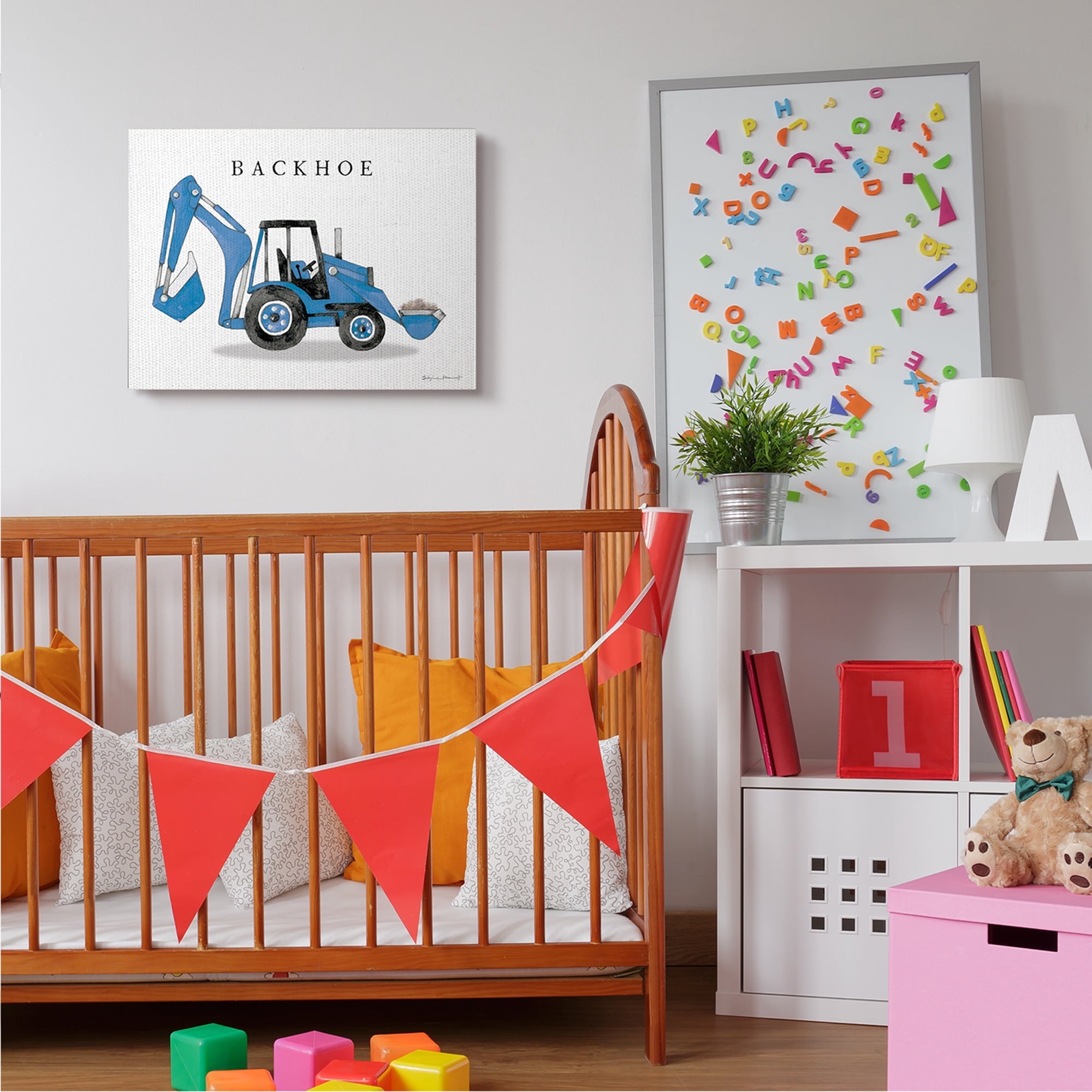 Stupell Industries Blue Backhoe Construction Truck Demolition Vehicle Transportation Painting Gray Framed Art Print Wall Art, 11 x 14