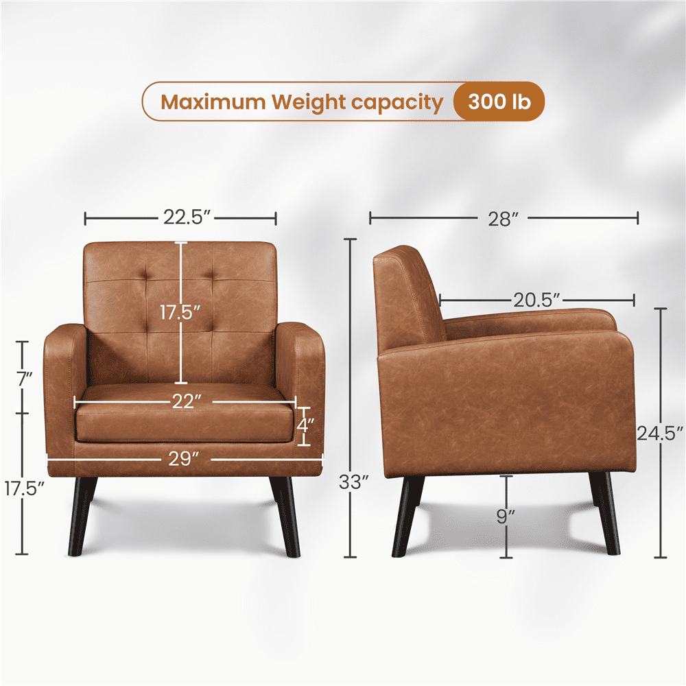 Alden Design Mid Century Modern Faux Leather Accent Chair with Solid Wood Legs, Set of 2, Retro Brown