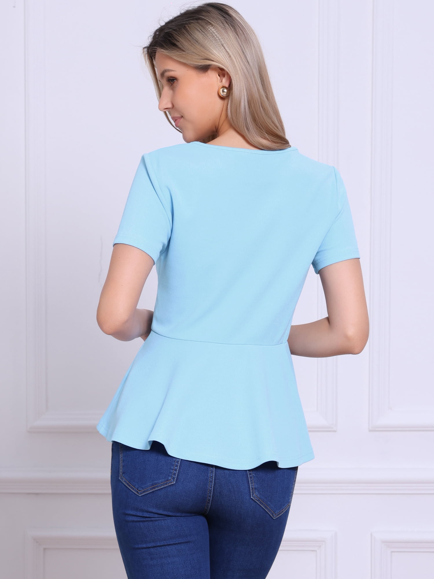 DARING DIVA Women's Peplum Tops Short Sleeve Crew Neck Blouse S Light Blue