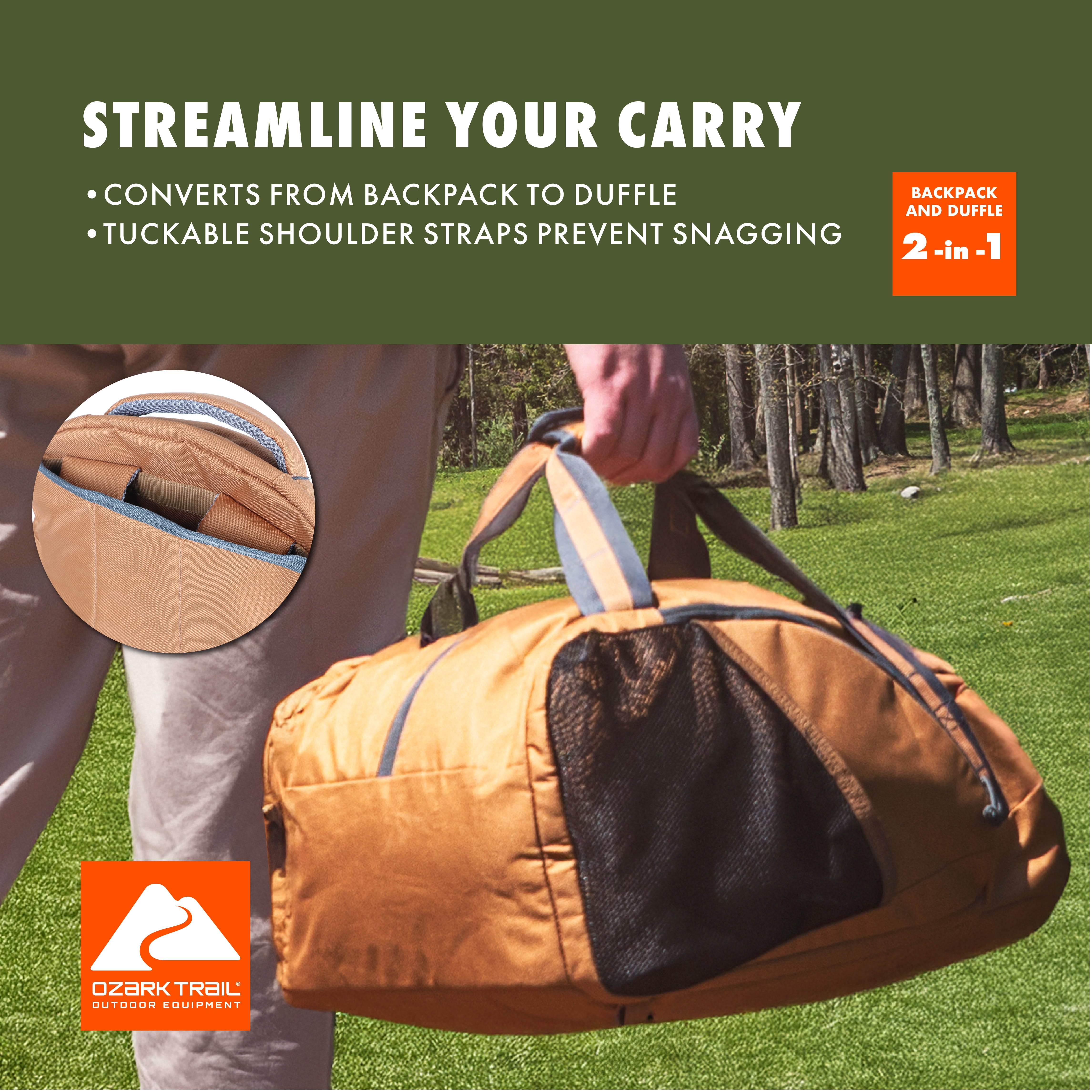 Ozark Trail 35L Adult/Teen Polyester Convertible Backpack Duffel, Brown