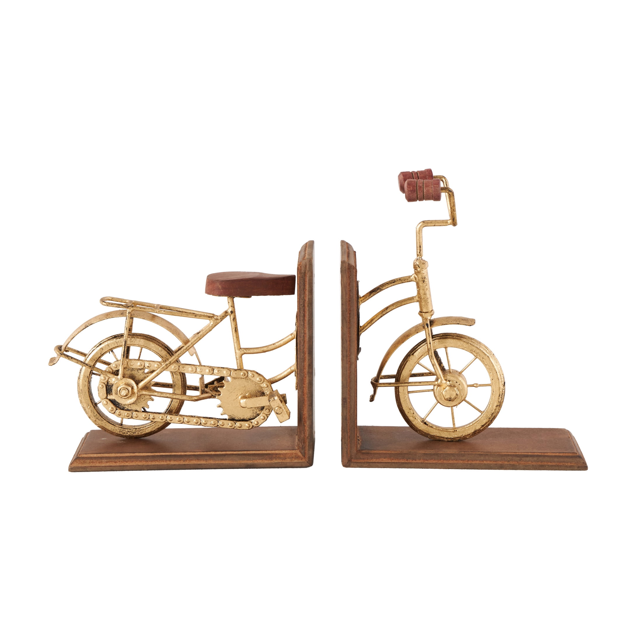 DecMode 7" Bike Brass Wood Bookends (Set of 2)