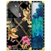 FKBRCL4U Compatible with Samsung Galaxy S21 Ultra Case, Pink Golden Chain Tropical Flower Luxury Golden Decoration for Girl Women Soft TPU Shockproof Protective Hard PC Back