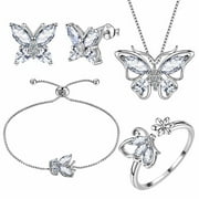 April Birthstone Jewelry Set Necklace/Earrings/Ring/Bracelet Butterfly Fine White Diamond Sterling Silver Women Xmas Birthday Mother's Day Gifts