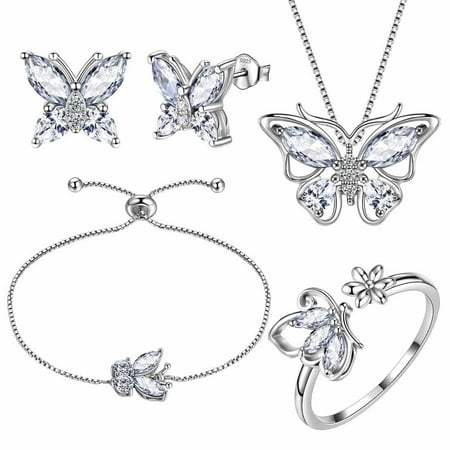 April Birthstone Jewelry Set Necklace/Earrings/Ring/Bracelet Butterfly Fine White Diamond Sterling Silver Women Xmas Birthday Mother's Day Gifts