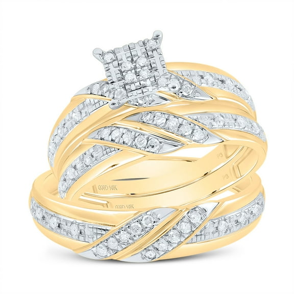 10K Yellow Gold Round Cut Diamond Men's Wedding Band & Women's Bridal Set Braided Design Square Center Matching Trio Set 1/3 CT.