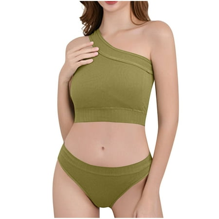 Summer 2 Pc Women s Seamless One Shoulder Comfy Wireless Sports Bras Support Push-Up Underwear With High Waisted Panty Workout Yoga Lingerie Sets