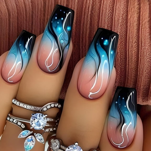 24x Blue Gradient Flame False Nail Press On Nail Glossy Stick on Nail