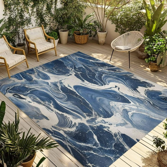 Fsddascl Vintage Navy Blue Outdoor Rug for Patio/Deck/Porch, Non-Slip Large Area Rug 4 x 6 Ft, Marble Abstract Art Indoor Outdoor Rugs Washable Area Rugs, Reversible Camping Rug Carpet Runner