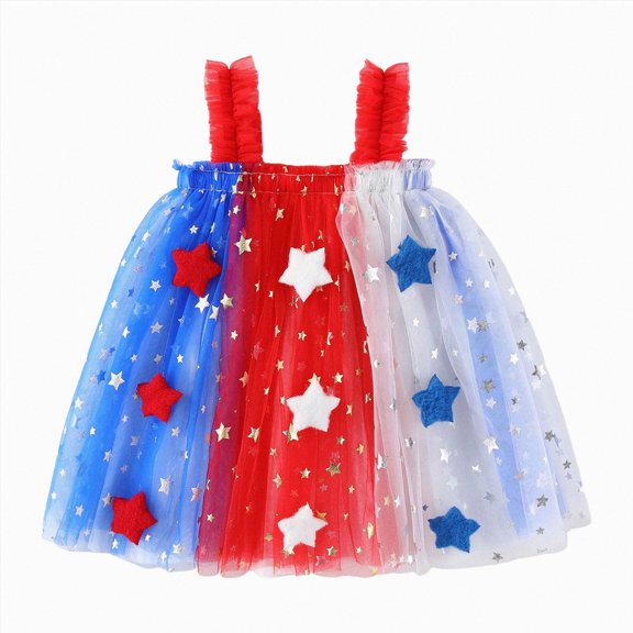 Splozh 4th of July Dress Girls 6 12 18 24 Months 2T3T4T5T Summer Sleeveless Cute Patriotic Flag Dress Girls Patriotic Dress,Blue,18-24 Months