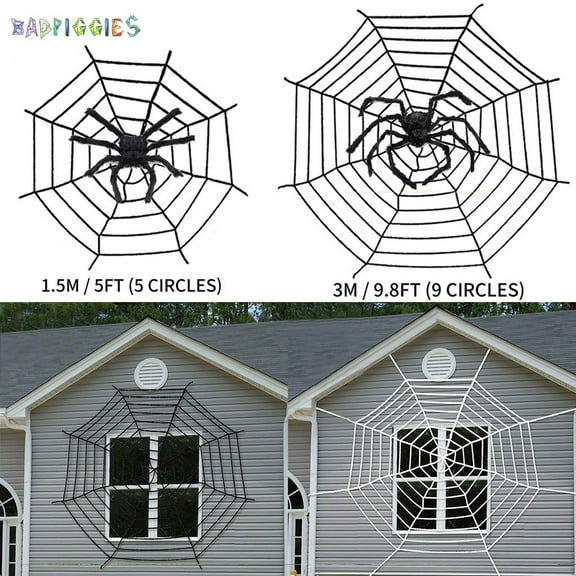 BadPiggies Halloween 9.8ft Giant Round Spider Web Props with Scary Plush Spider, Large White Web Stretch Cobweb for Halloween Outdoor Indoor Yard