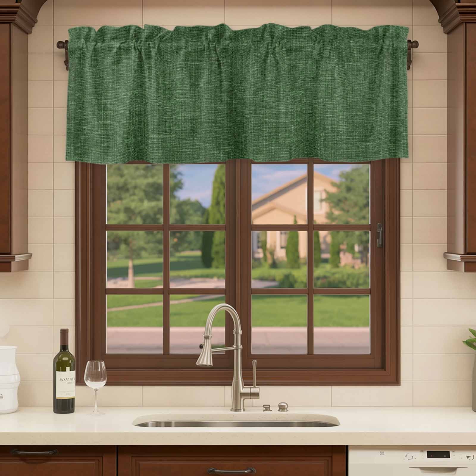 Valances for Windows, Dark Green Burlap Texture Kitchen Curtains Valances 2 Pack for Living Room Bedroom Bathroom, Farmhouse Vintage Green Light Filtering Curtains Rod Pocket Valance 42"x12"