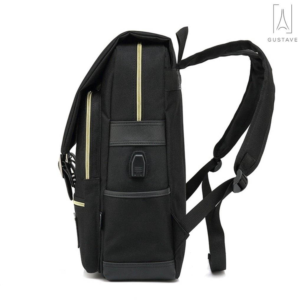 Gustave Canvas Anti-Theft Laptop Backpack for Men Women Large Capacity Casual Travel Backpack Daypack Computer Bag with USB Charging Port "Black"