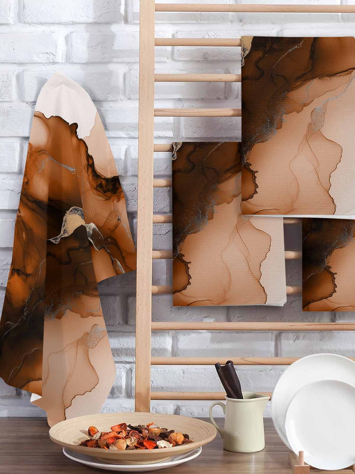 Blue Marble Kitchen Dish Towels for Drying Dishes Set of 2, Modern Ombre Abstract Ink Painting Art Waffle Weave Microfiber Hand Tea Bathroom Towels Quick Dry & Absorbent Towel 15.7x23.6