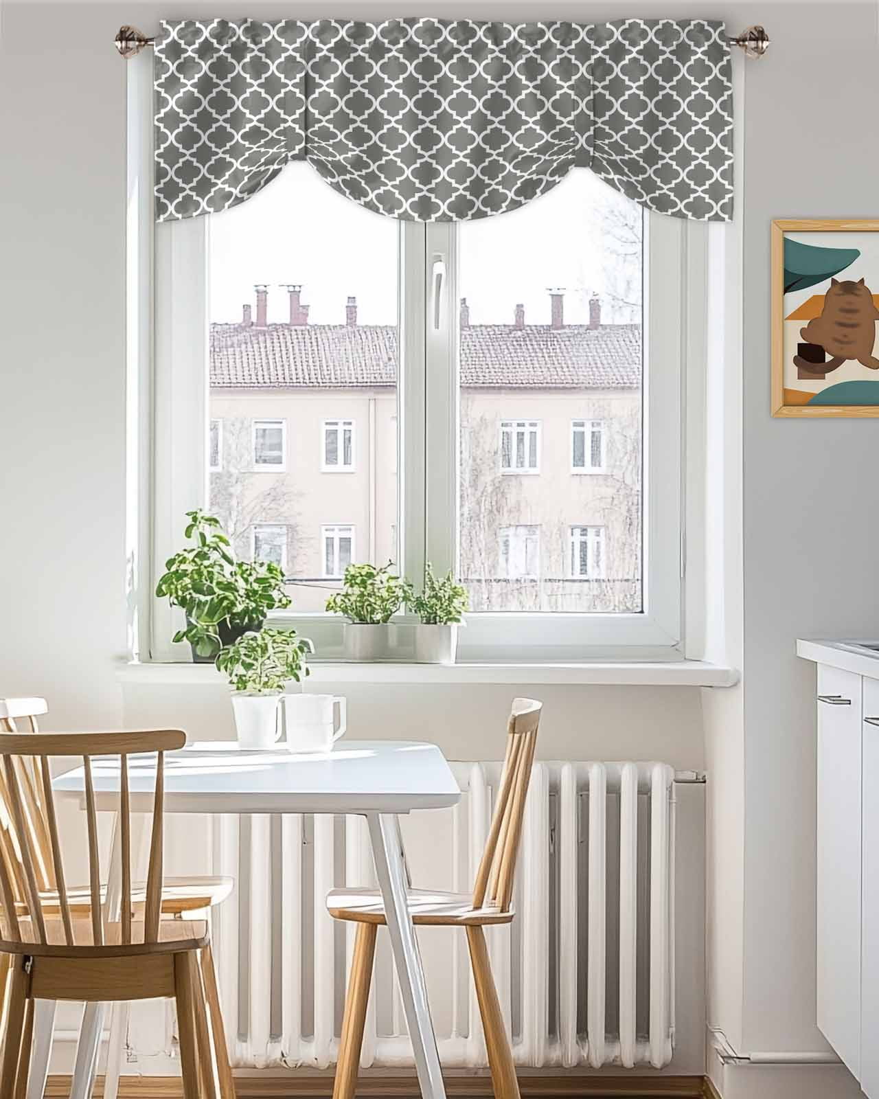Moroccan Tie Up Valances Curtain, Adjustable Kitchen Grey Geometric Valances for Windows Decor, Rod Pocket Short Curtains Set for Bedroom/Bathroom, 54"x18"
