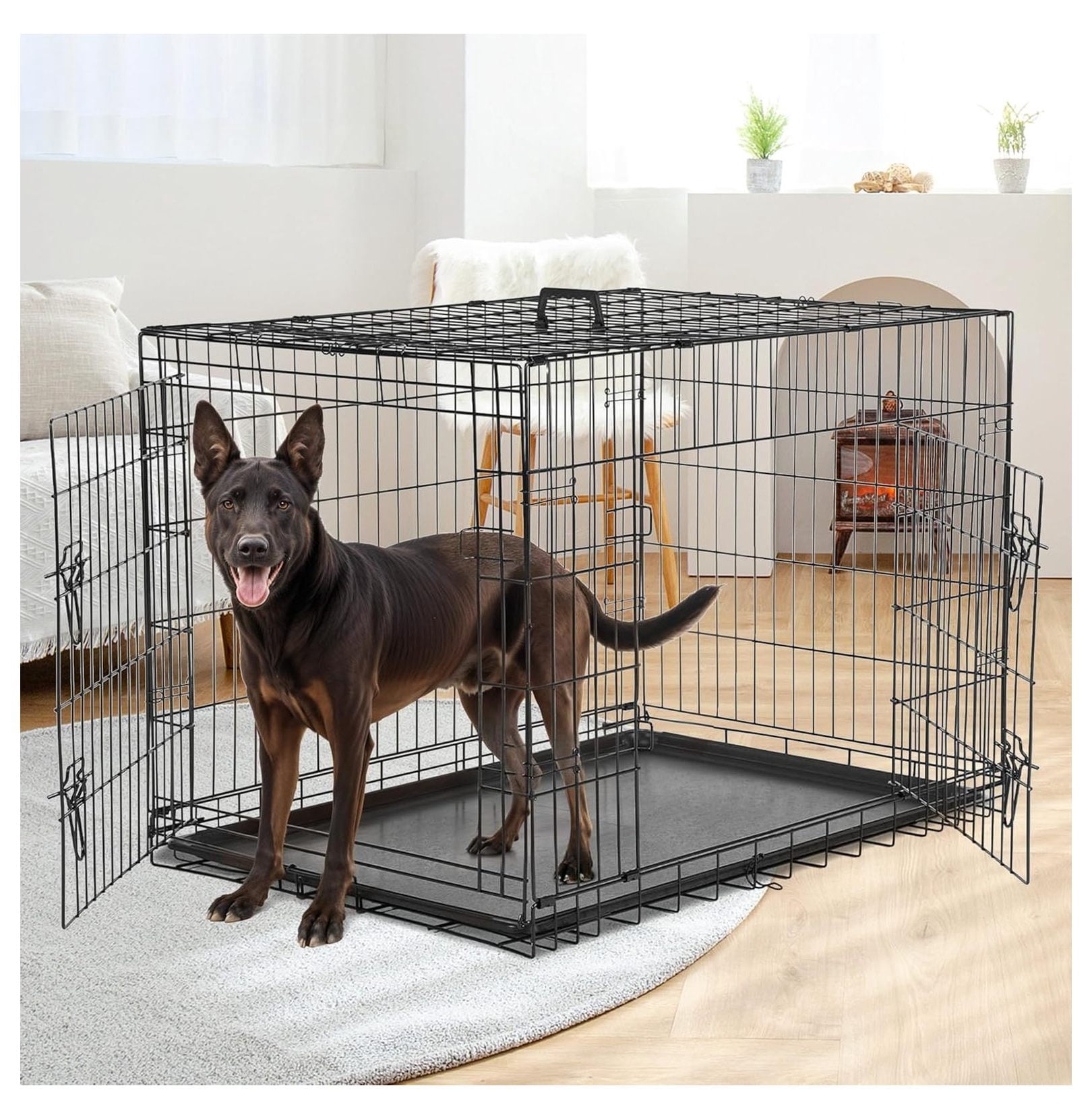 36-Inch Medium Dog Crate with Divider, Double Door Folding Metal Wire Cage with Leak-Proof Plastic Tray, Portable Pet Kennel for Indoor, Outdoor, and Travel