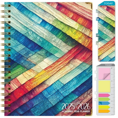 Academic Year 2025-2026 Planner, June 2025 - July 2026, 8.5"x11" Daily Weekly Monthly Planner Yearly Agenda, Hardcover, Bookmark, Pocket Folder and Sticky Note Set (Rainbow Oak)