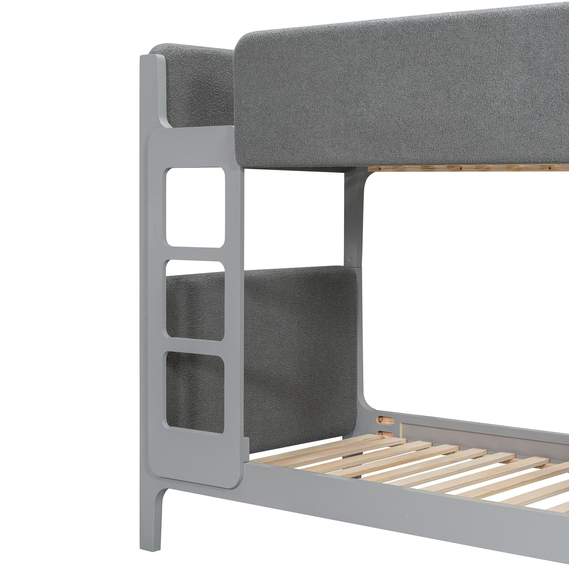 Christopher Knight Home Twin Over Twin Upholstered Bunk Bed for Kids, Thick Padded Headboard, Gray