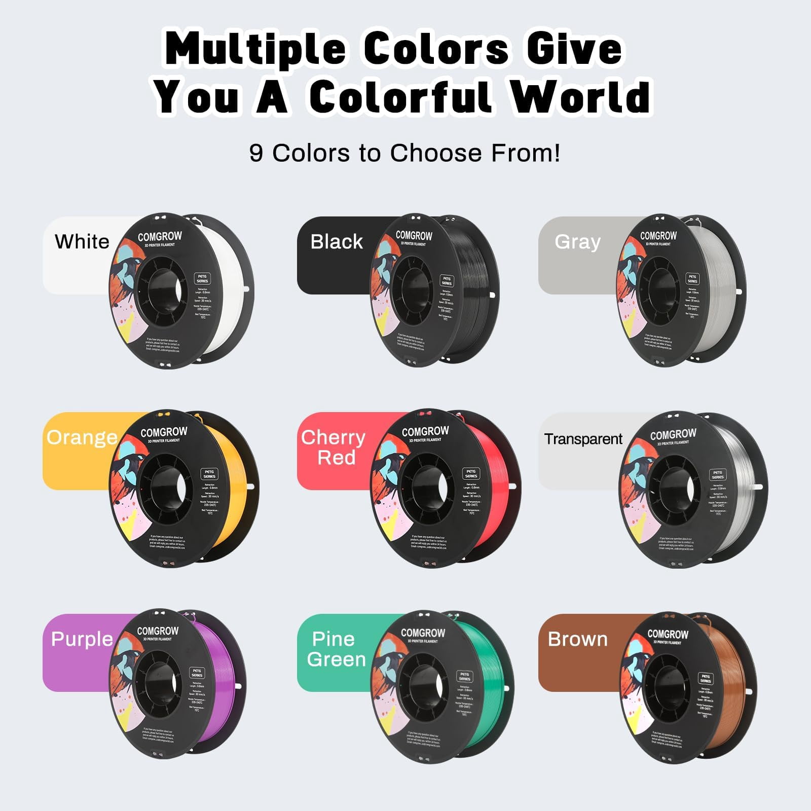 Comgrow PETG 3D Printer Filament 1.75mm, 6 Pack 1kg Spools, High Precision Tough Filament,No Clogging or Bubbles, Compatible with Most FDM 3D Printers(Black/White/Cherry Red/Pine Green/Purple/Brown)