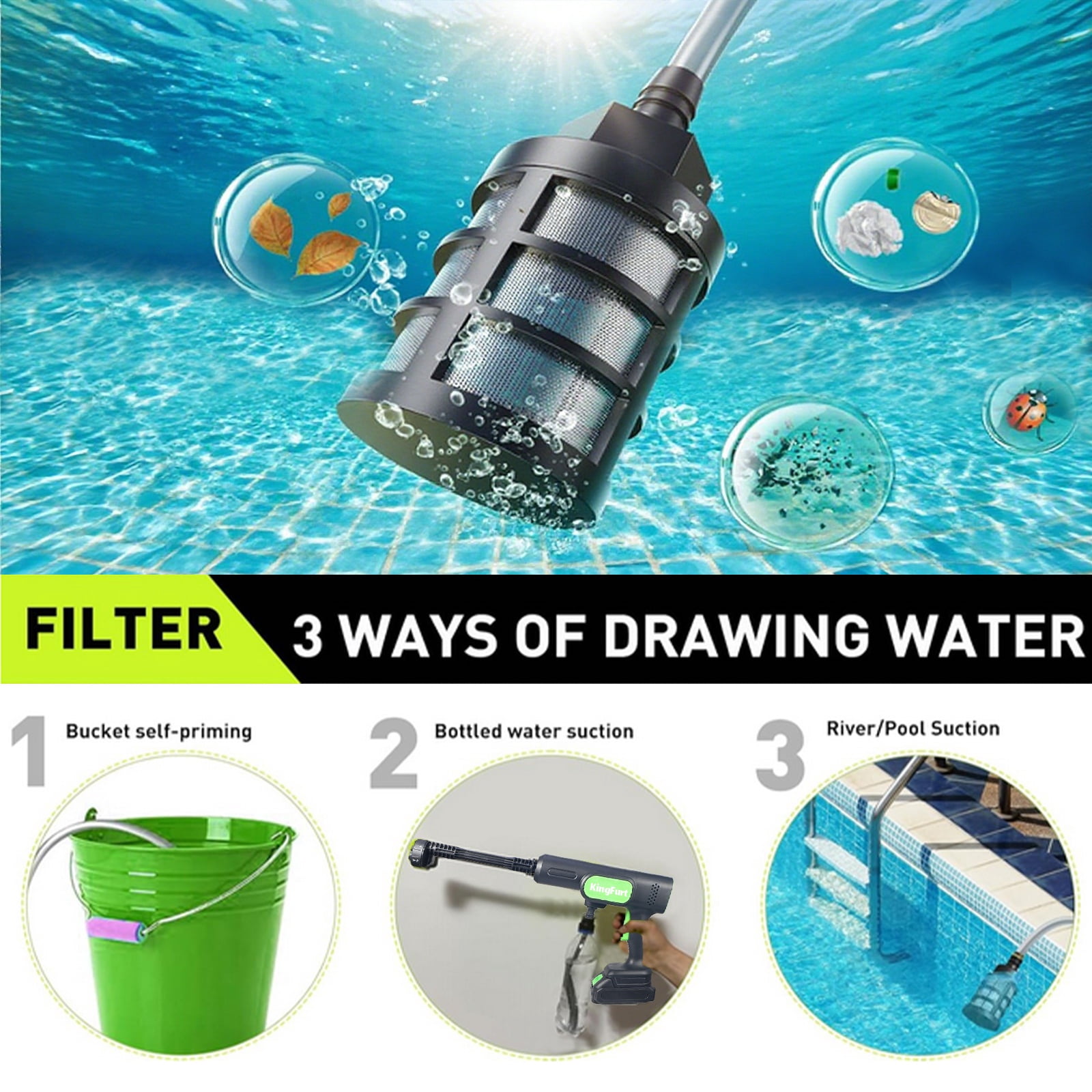 KingFurt Cordless Power Washer, Handheld Pressure Washer with 6-in-1 Adjustable Nozzle,16.4FT Drain Hose, Power Cleaner for Patio/Floor Fence/Cars