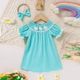 thumbnail image 2 of ZEHJUHAN Toddler Girls' Solid Color Dress Ruffle Short Sleeve Bunny Embroidery Dress with Headband Bow Blue，3-6M, 2 of 9